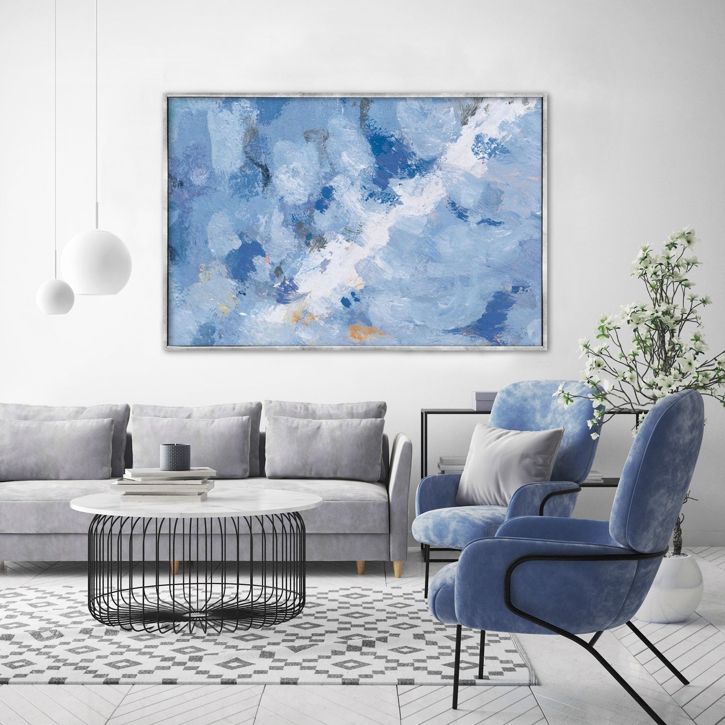 Blue White Abstract Textured Partial Oil Painting