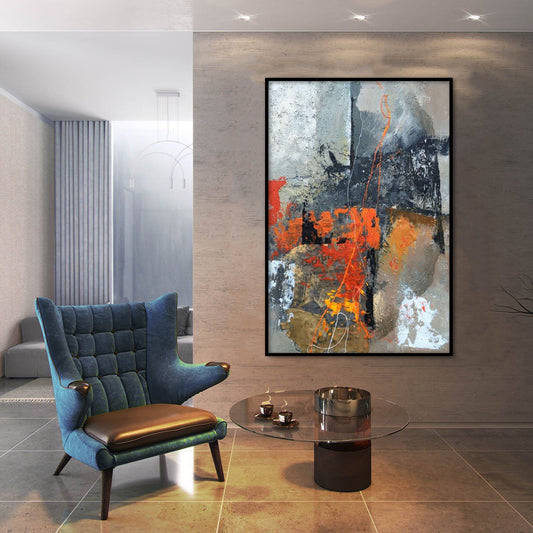 Silver and Orange Abstract Textured Partial Oil Painting