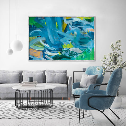 Blue Green Abstract Textured Partial Oil Painting