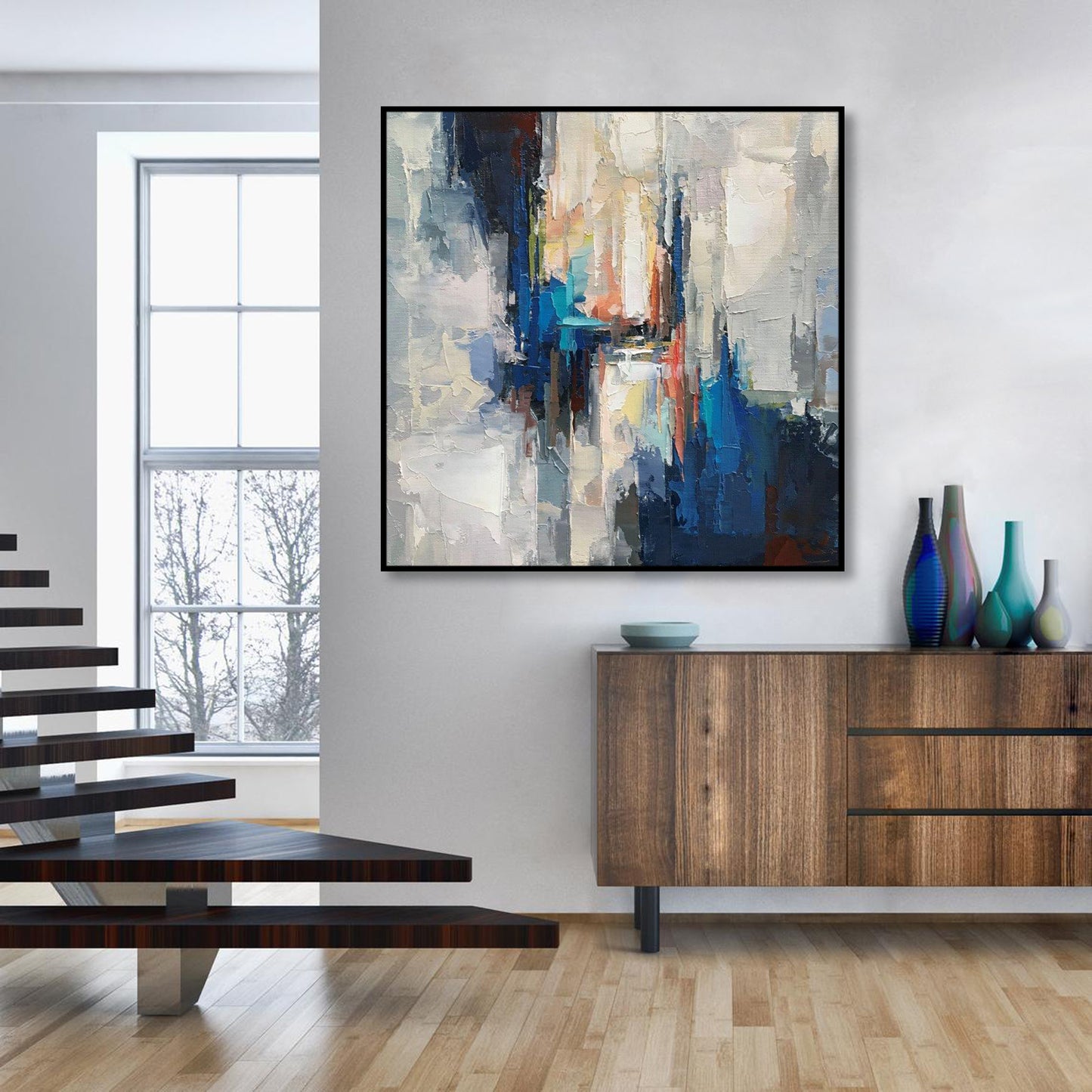 Blue Black Abstract Textured Partial Oil Painting