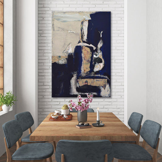 Navy Cream Abstract Textured Partial Oil Painting