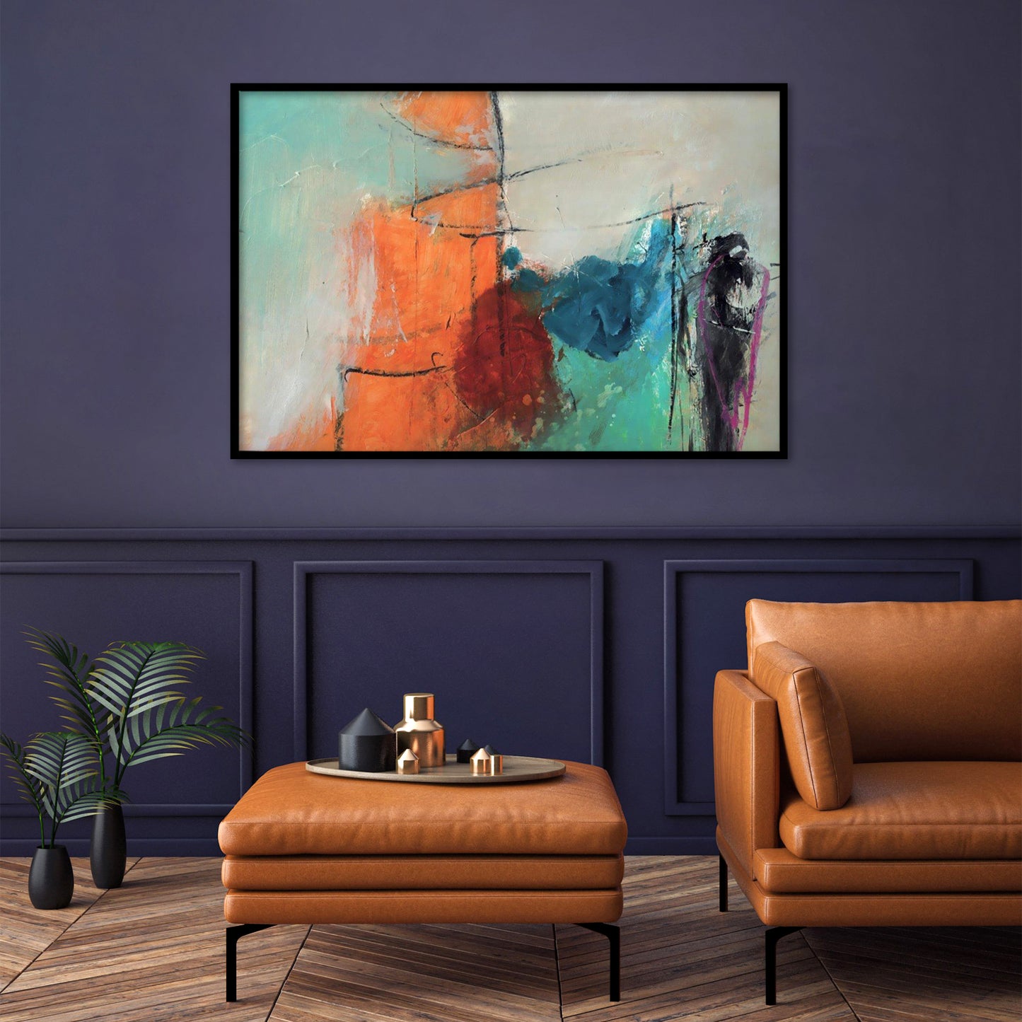 Blue Orange Abstract Textured Partial Oil Painting